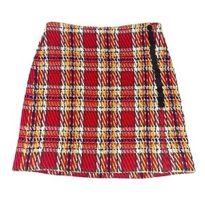 Adam Lippes Collective Red & Yellow Plaid Woven Knit Mini Skirt US S